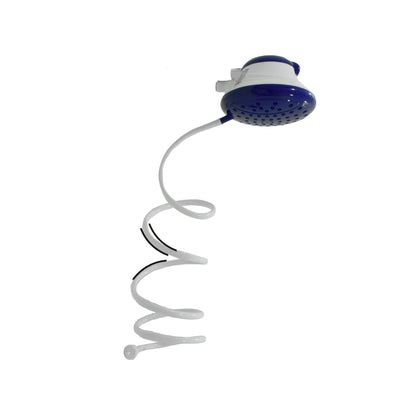 Regadera eléctrica azul y blanca con manguera espiral y ducha de mano para baño.