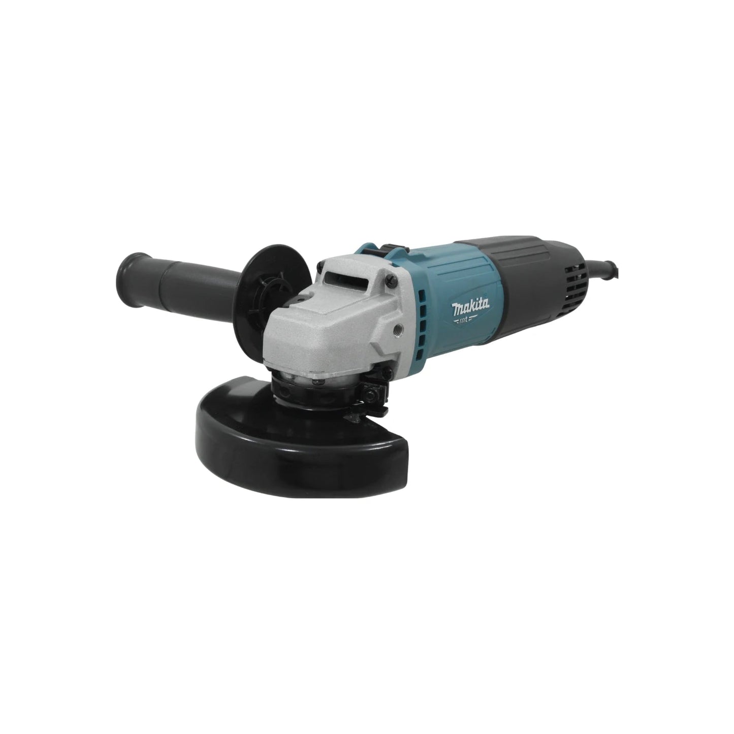 Mini esmeriladora angular Makita, herramienta eléctrica gris y azul turquesa con mango auxiliar y guarda