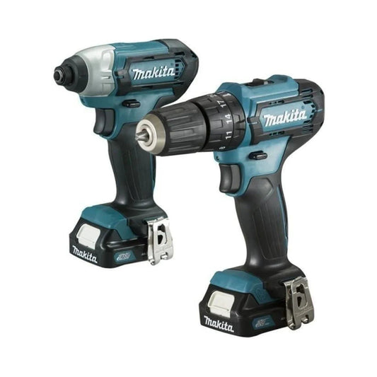 Kit Makita de atornillador de impacto y taladro inalámbricos, turquesa/negro, para perforar y atornillar.