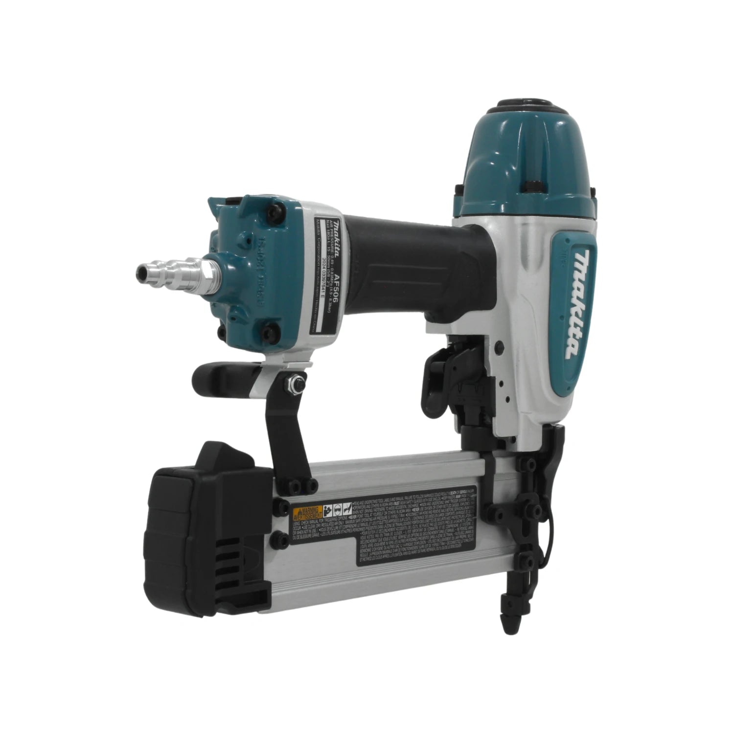Clavadora de acabado neumática Makita AF506, profesional, colores turquesa y plata.
