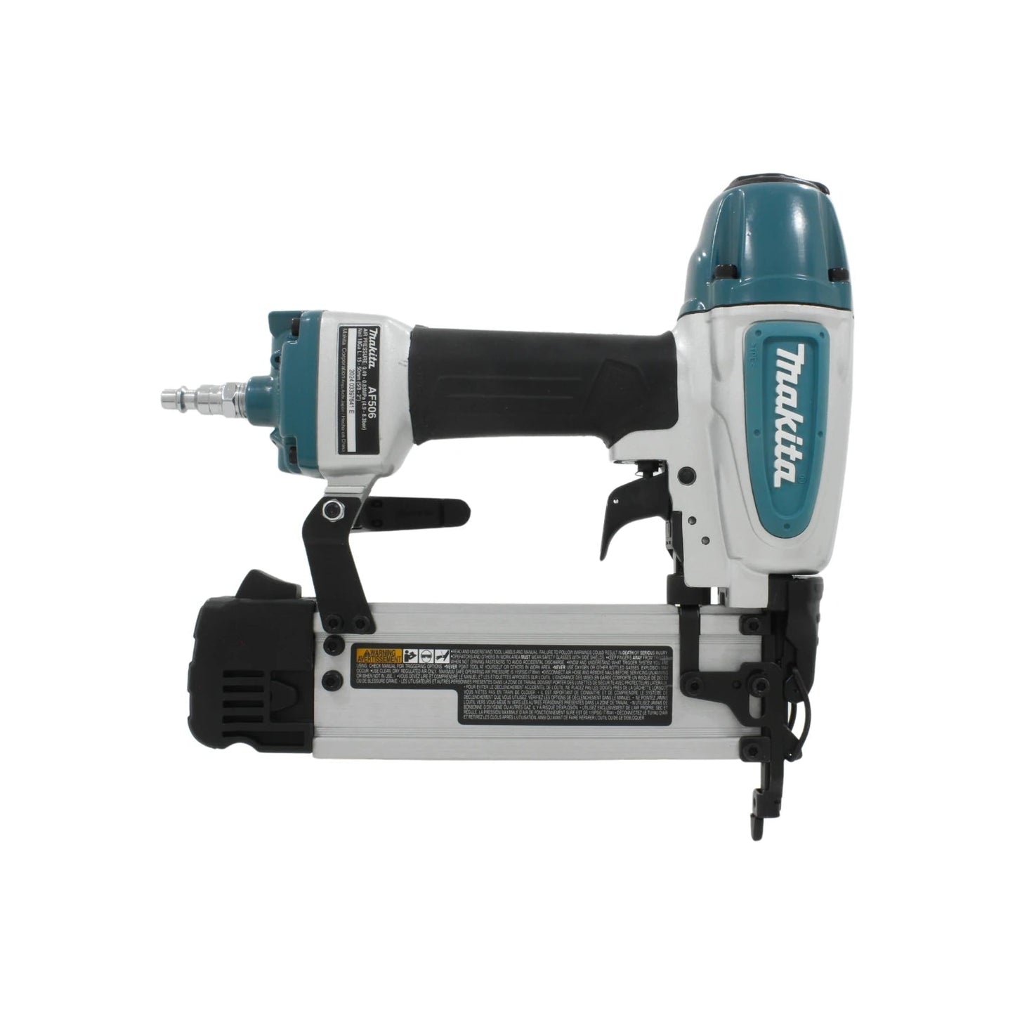 Clavadora neumática Makita AF506 de aire comprimido, herramienta turquesa y plata para clavos de acabado.