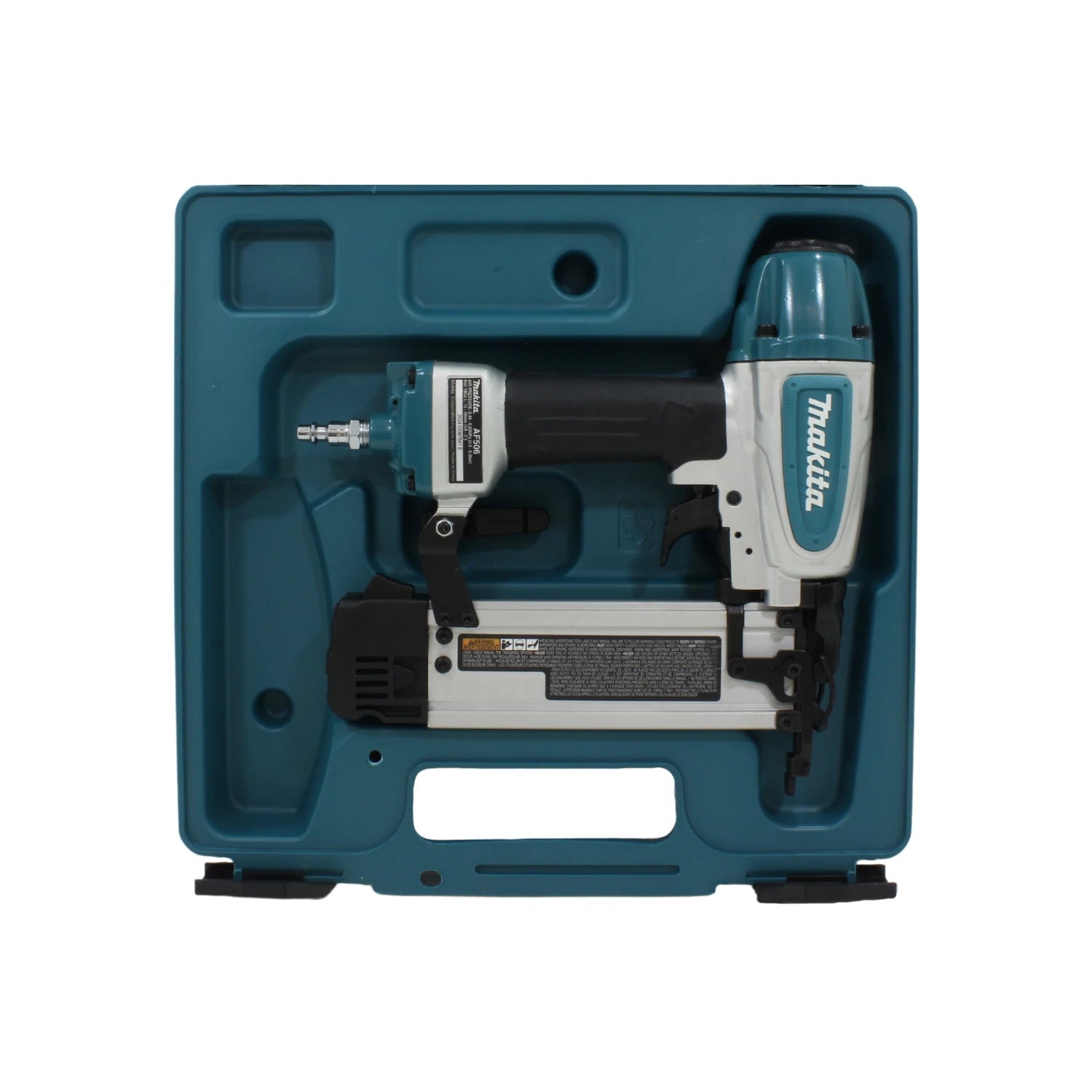 Clavadora neumática Makita AF506 profesional en estuche rígido, colores turquesa y blanco para clavos.