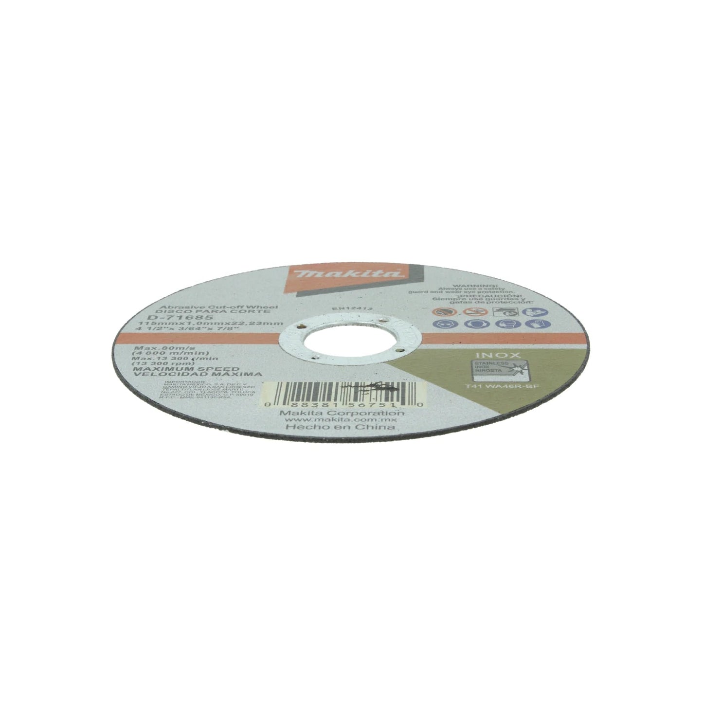 Disco de corte Makita D-71685 para acero inoxidable (INOX) 4 1/2", abrasivo, 13300 RPM