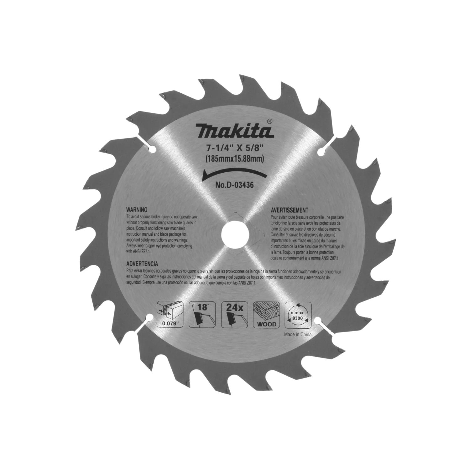 Disco sierra circular Makita 7-1/4" 24 dientes para corte de madera, modelo D-03436, máx. 8300 RPM
