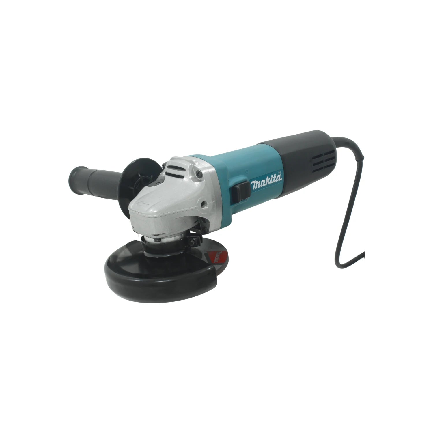 Mini esmeriladora angular eléctrica Makita azul y negra con guarda de seguridad y mango auxiliar.