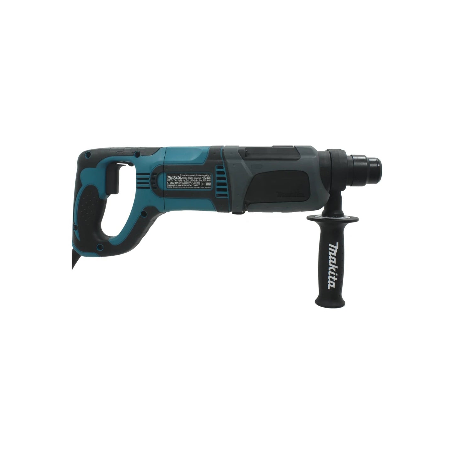 Martillo perforador eléctrico Makita HR2475 color teal y negro con mango auxiliar para trabajos de construcción