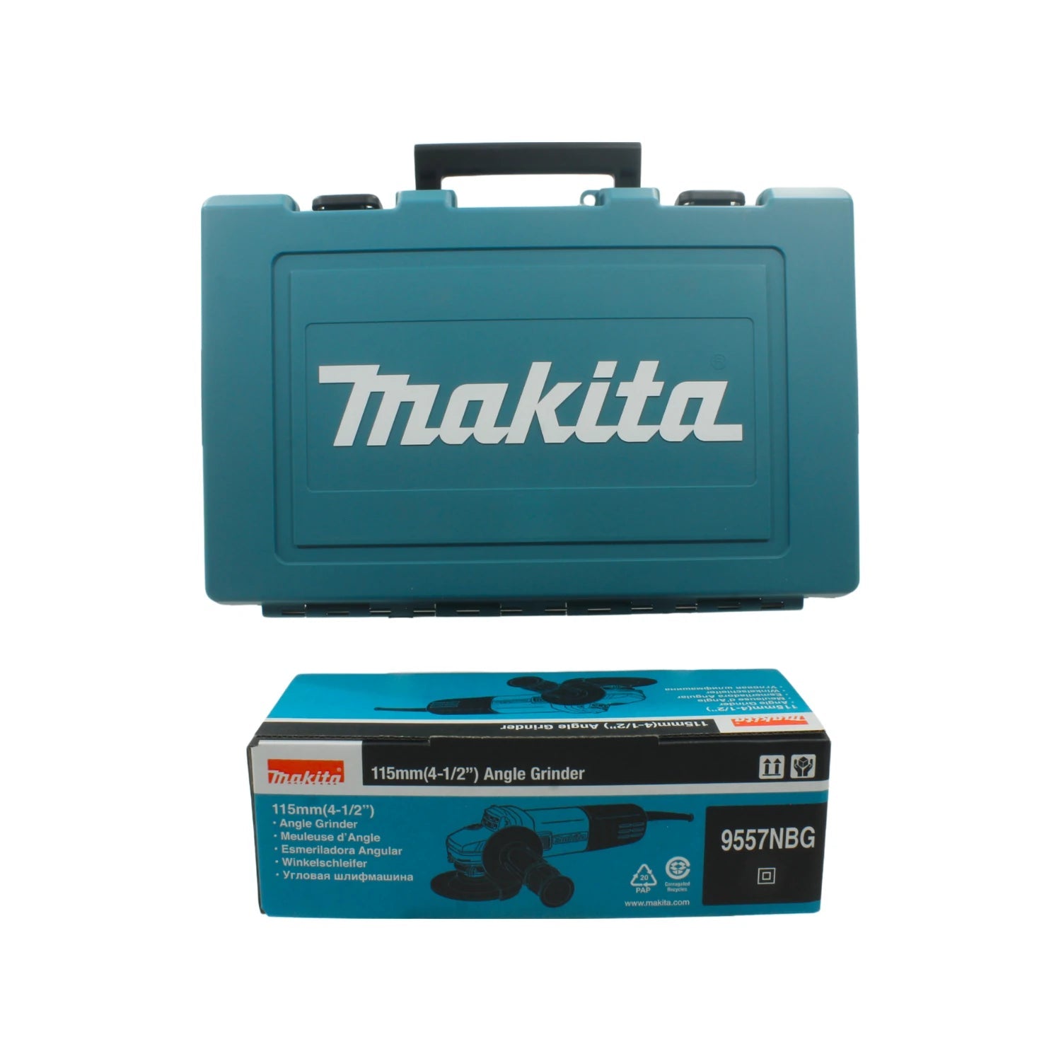 Esmeriladora angular Makita 115mm (4-1/2) 9557NBG con caja de producto y maletín de transporte azul verdoso