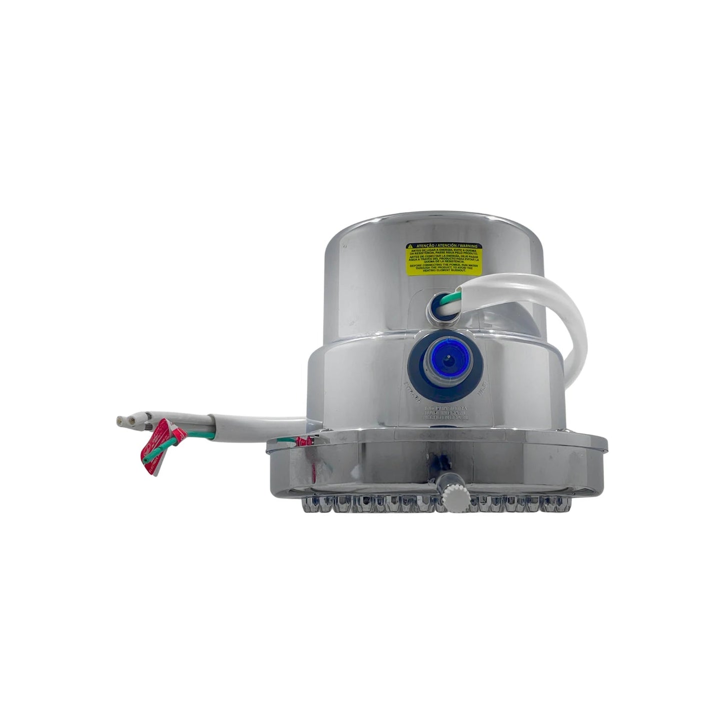Regadera eléctrica cromada para baño, con selector de 4 temperaturas y calentamiento instantáneo de agua.