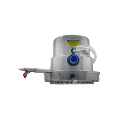 Regadera eléctrica cromada para baño, con selector de 4 temperaturas y calentamiento instantáneo de agua.