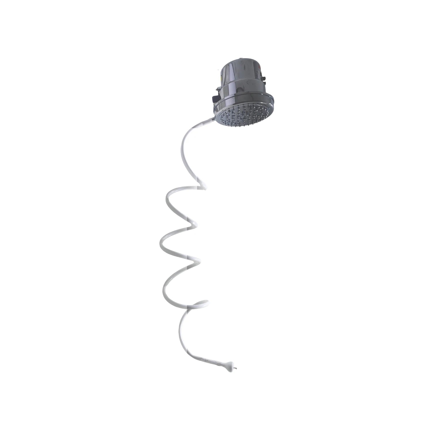 Regadera eléctrica gris con ducha de mano y manguera espiral. Ideal para calentar agua instantáneamente en baños.