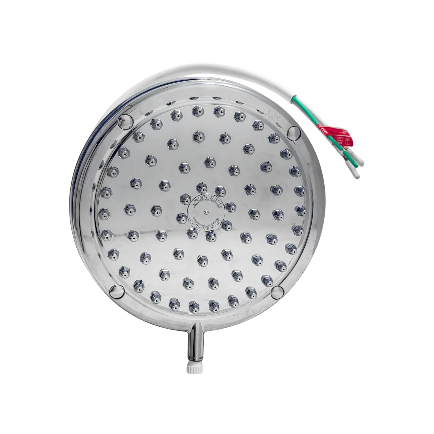 Regadera eléctrica Lorenzetti cromada, con cableado expuesto, para 4 temperaturas de agua.