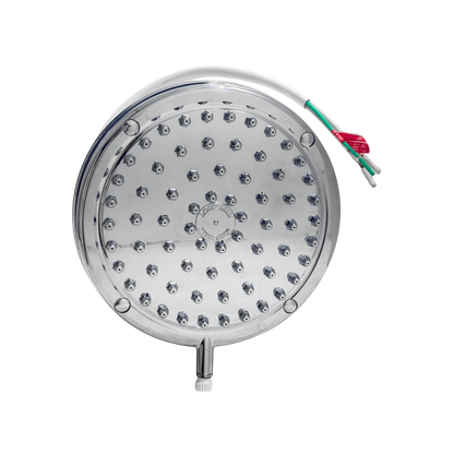 Regadera eléctrica Lorenzetti cromada, con cableado expuesto, para 4 temperaturas de agua.