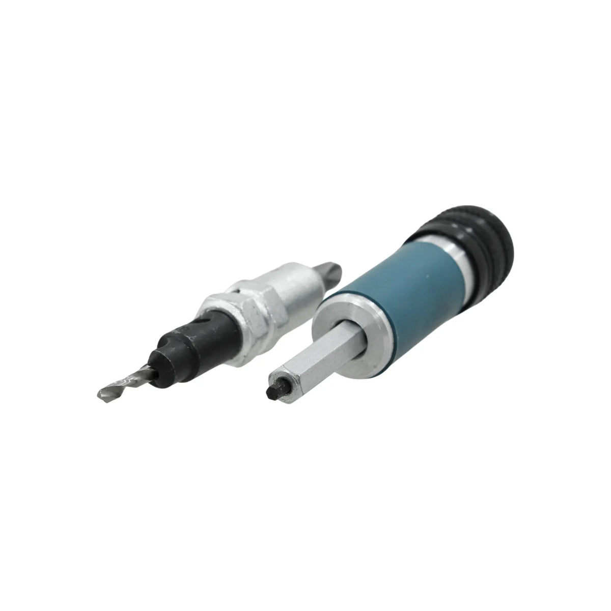 Avellanador reversible con punta de destornillador y adaptador de cambio rápido azul para taladro.