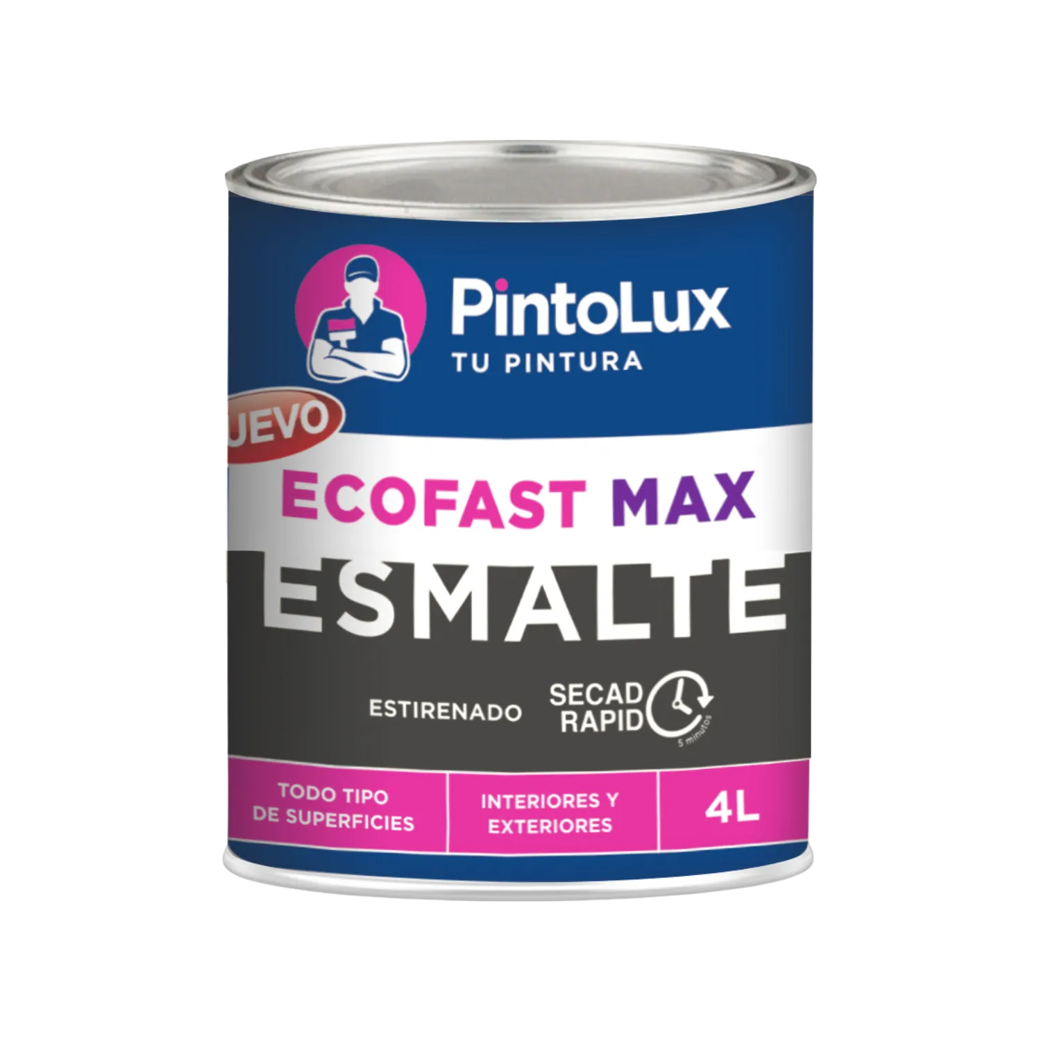 Pintura esmalte negro mate PintoLux EcoFast Max 4L secado rápido para interiores y exteriores, multi-superficie.