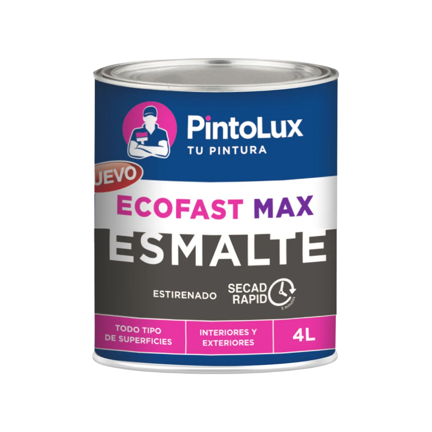 PintoLux ECOFAST MAX esmalte de secado rápido 4L para interiores y exteriores, apto para todo tipo de superficies.