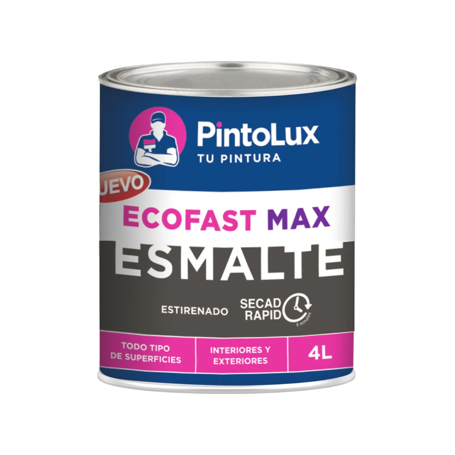 PintoLux ECOFAST MAX esmalte de secado rápido 4L para interiores y exteriores, apto para todo tipo de superficies.