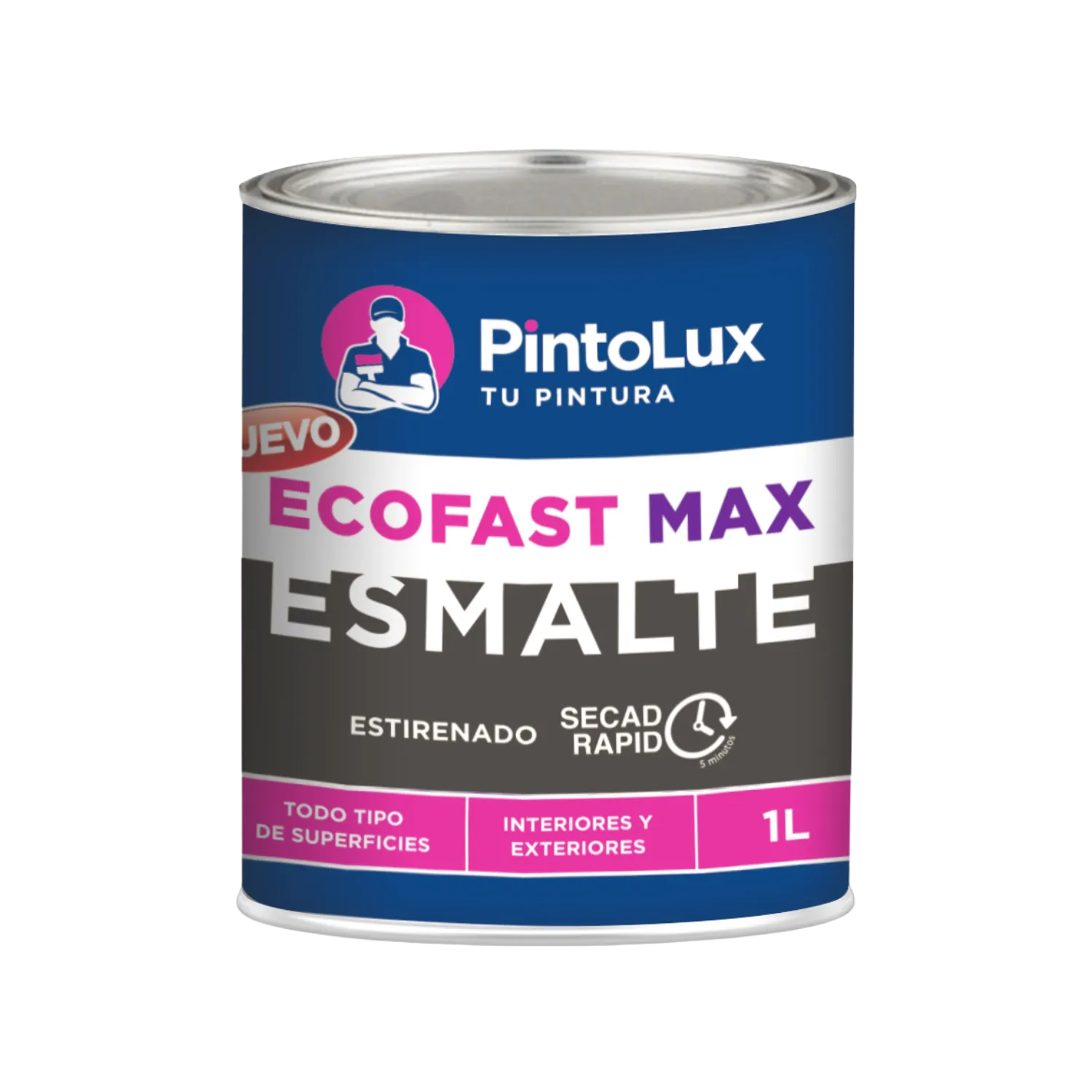 Pintura esmalte PintoLux EcoFast Max 1L. Secado rápido 5 min, para todo tipo de superficies, interior y exterior.