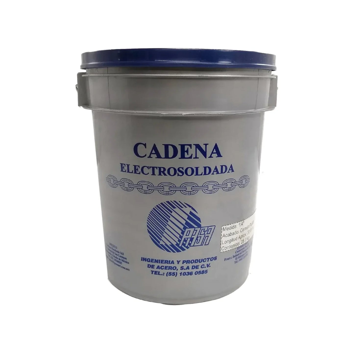 Cadena de eslabón pulido.,Cadena electro soldada grado 30,Cumple estándares ante la resistencia a la ruptura y la torsión.,Cadena por cubeta de 25 kg medida ¼"