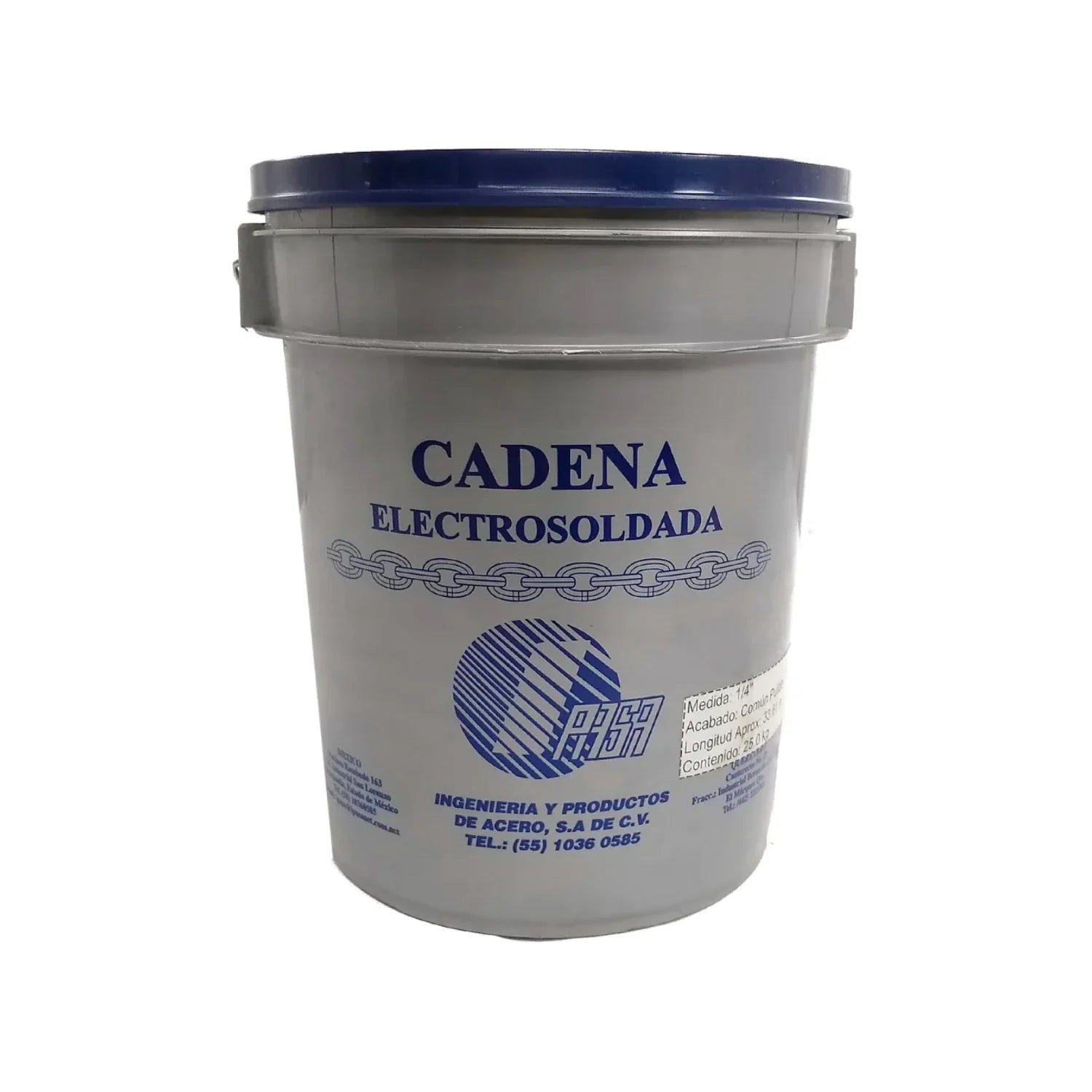 Cadena de eslabón pulido.,Cadena electro soldada grado 30,Cumple estándares ante la resistencia a la ruptura y la torsión.,Cadena por cubeta de 25 kg medida ¼"