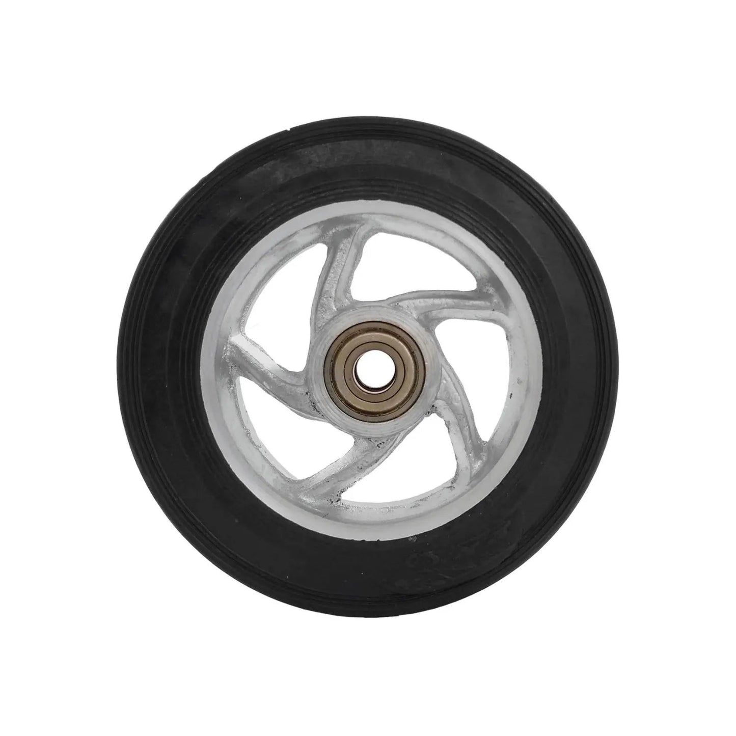 Rueda de goma negra con rin de metal plateado de 5 rayos y balero central para diablo o carrito de carga 8 pulgadas