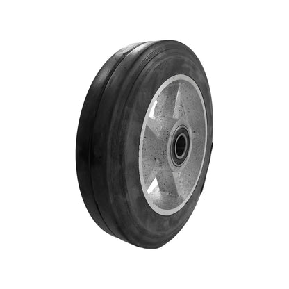 Rueda para diablo 10" con neumático de goma negro, rin metálico gris con diseño de rayos y balero