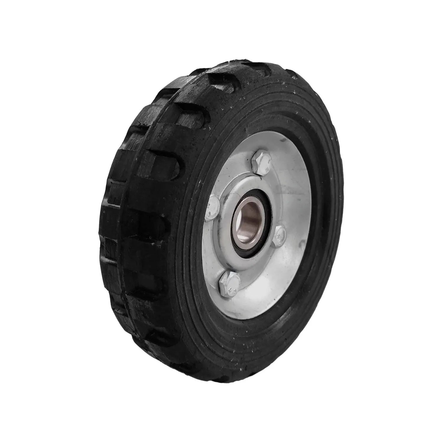 Rueda de goma negra para carrito diablo 5 pulgadas, con balero y rin metálico.