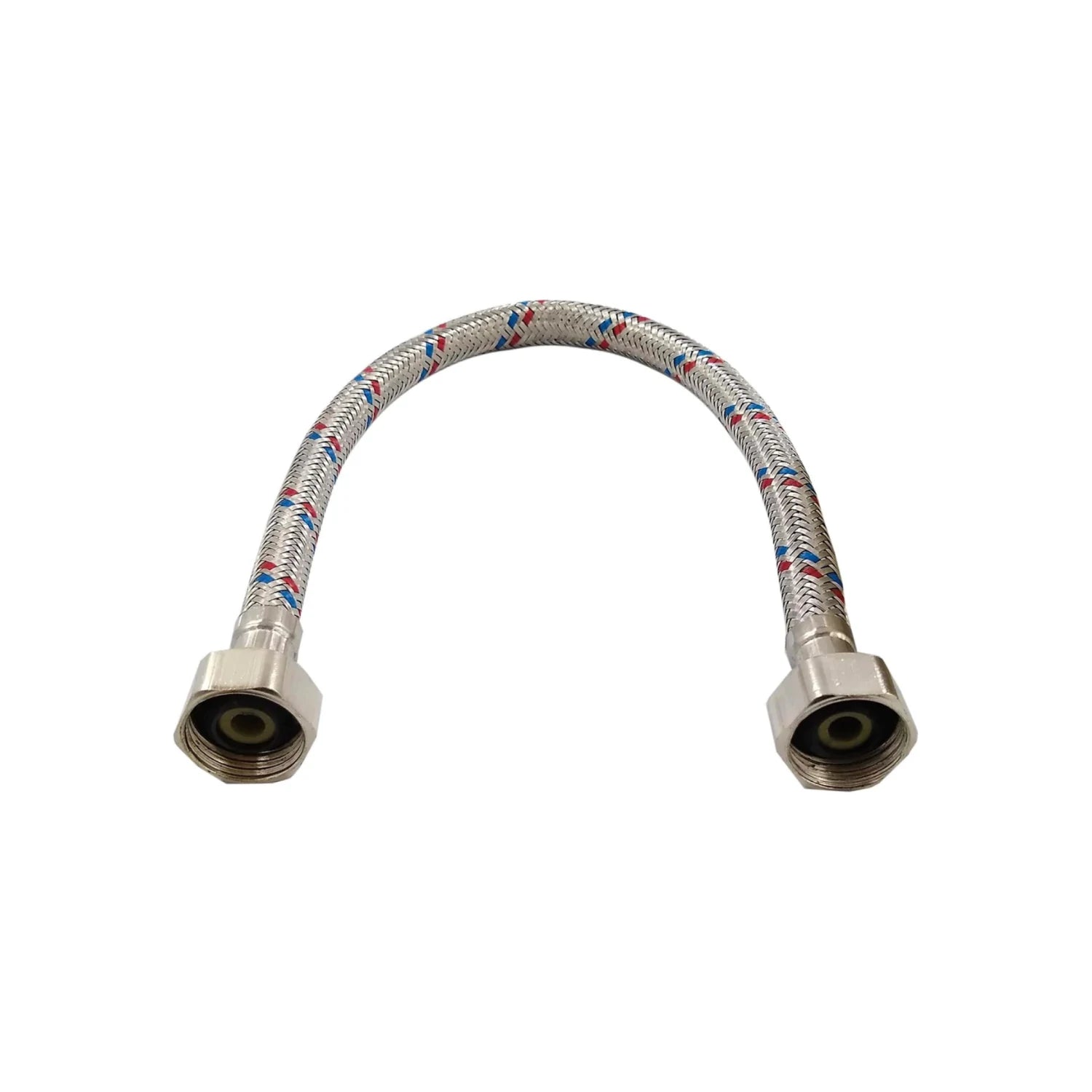 Manguera metálica trenzada de 40 cm para lavabo, con hilos rojo y azul para conexiones de agua fría y caliente.