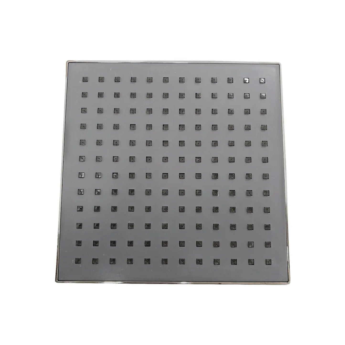 Regadera de ducha cuadrada de 8 pulgadas, gris ABS con boquillas uniformes y borde pulido.