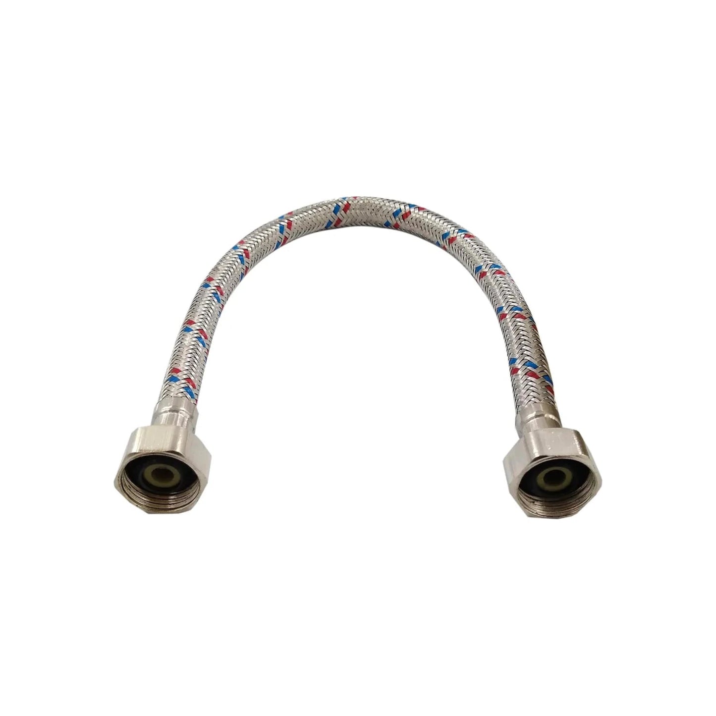 Manguera flexible para WC metálica trenzada azul y rojo, con terminales roscados para conexión de agua.