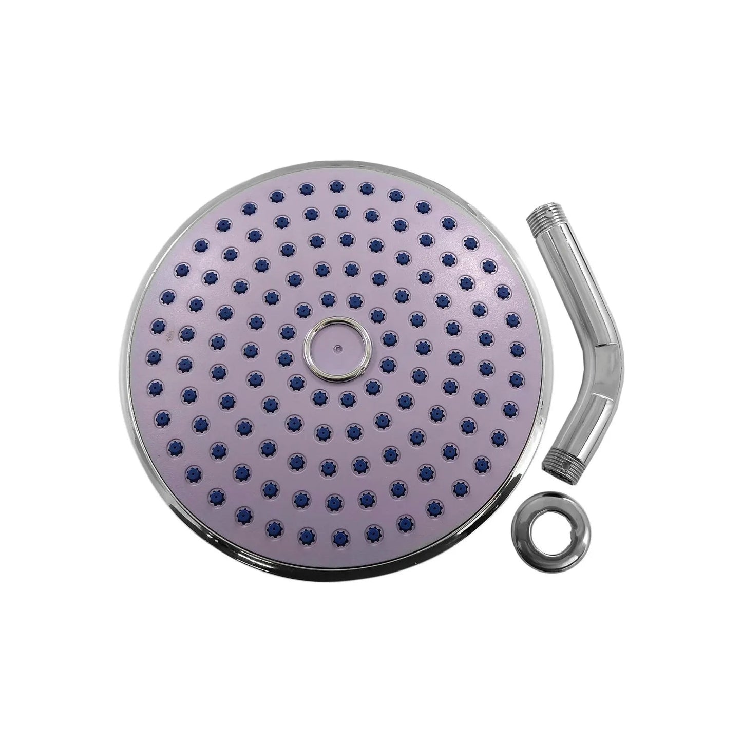 Regadera de ducha redonda morada con boquillas azules, borde cromado y brazo de extensión para baño.
