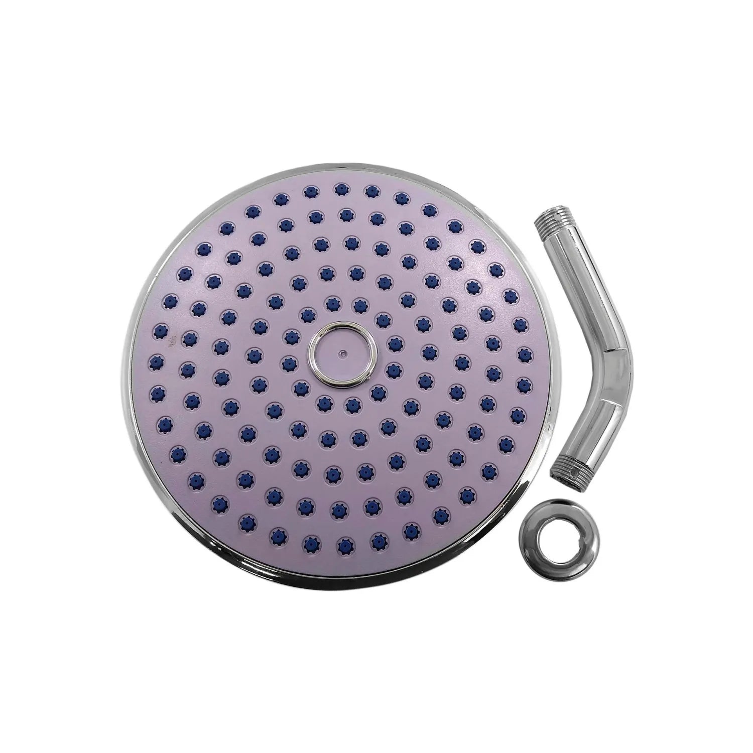 Regadera de ducha redonda morada con boquillas azules, borde cromado y brazo de extensión para baño.