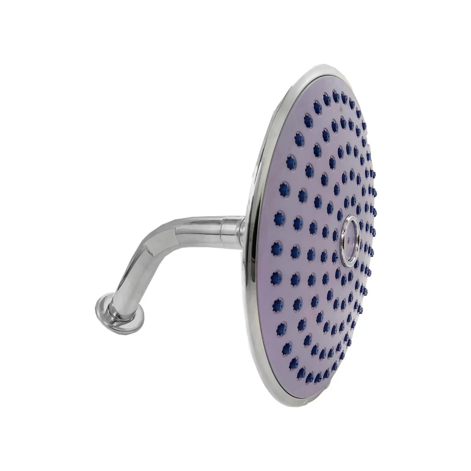 Regadera redonda ABS morada con boquillas azules y brazo cromado para baño