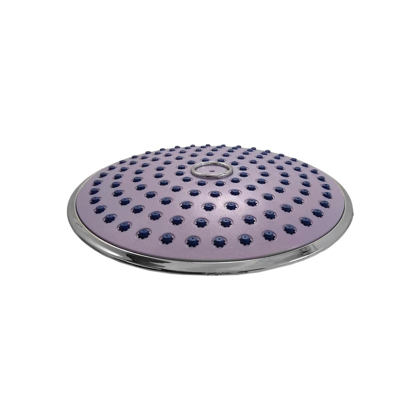 Regadera de ducha redonda de 8 pulgadas morada de ABS con boquillas azules y borde cromado para baño.