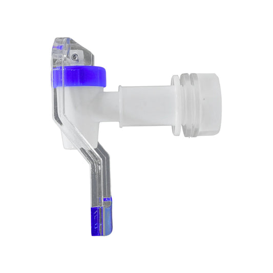 Llave para garrafón blanca de plástico, con grifo transparente y detalles azules, para dispensador de agua.