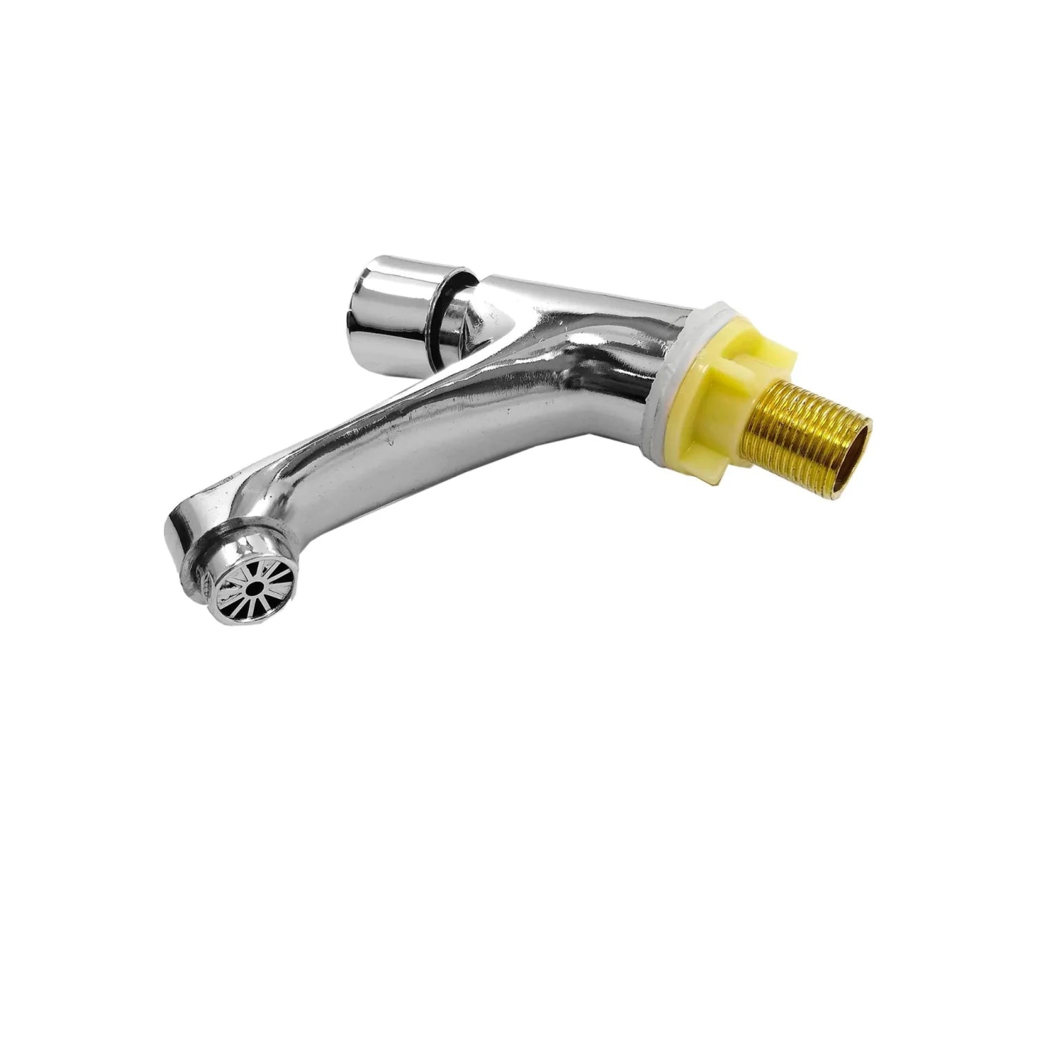 Grifo monomando cromado con rosca de latón y tuerca plástica amarilla, ideal para lavabo o fregadero.