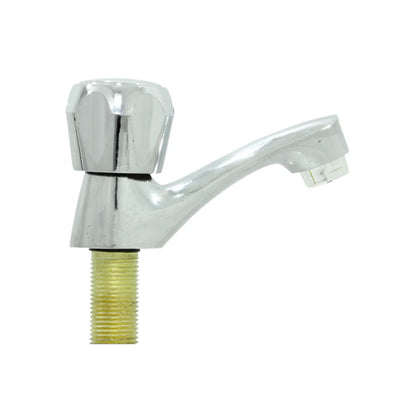 Fabricada en zamak.,Acabado: Cromo.,Llave individual para lavabo.,Maneral redondo.