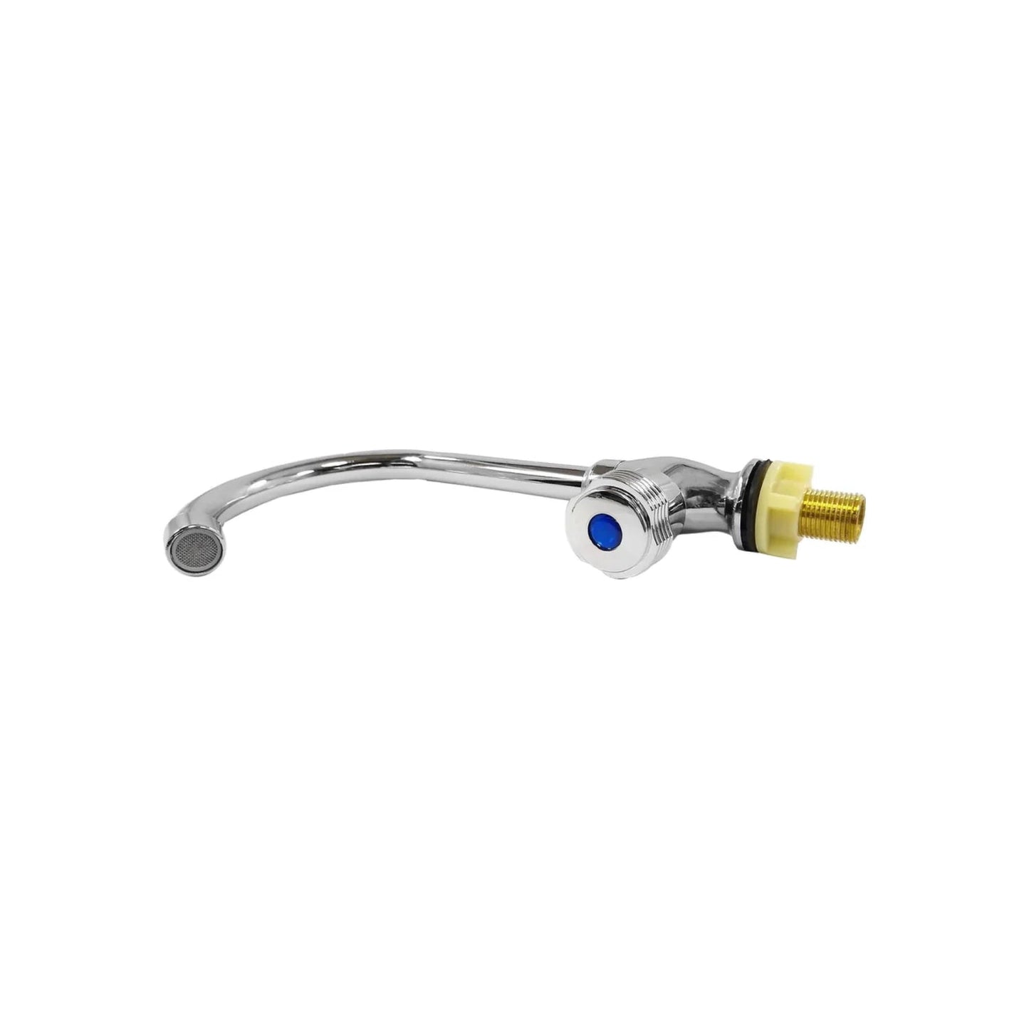 Llave de agua cromada para fregadero, caño curvo con filtro aireador, control de botón azul.