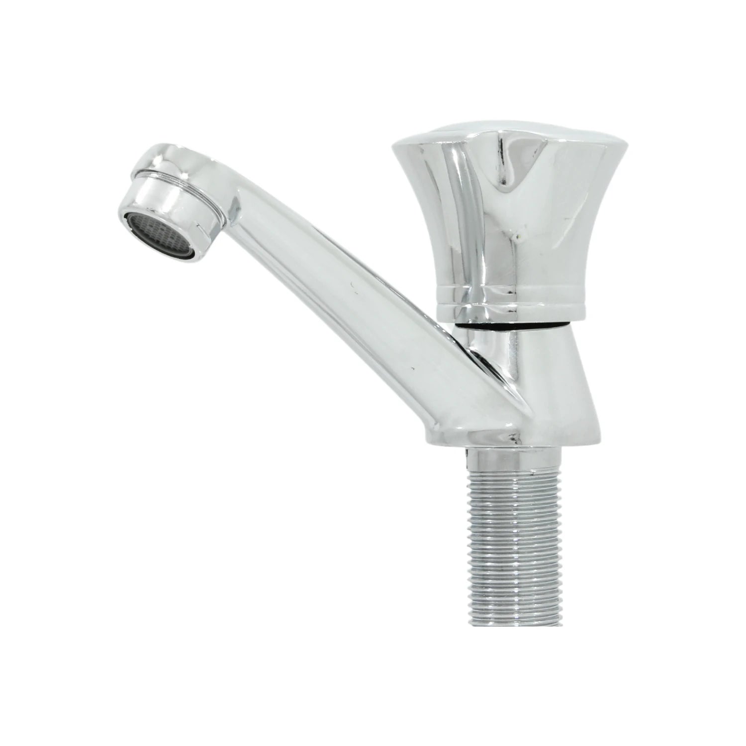 Llave individual para lavabo cromada brillante con manija superior de copa y aireador.