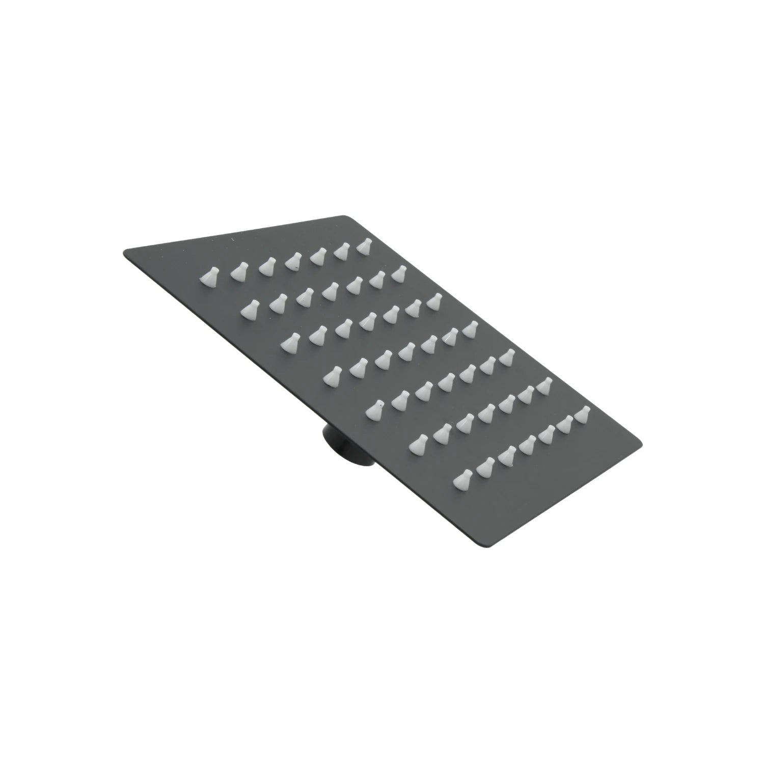 Regadera de panel plano negra mate de acero inoxidable con boquillas antical blancas.