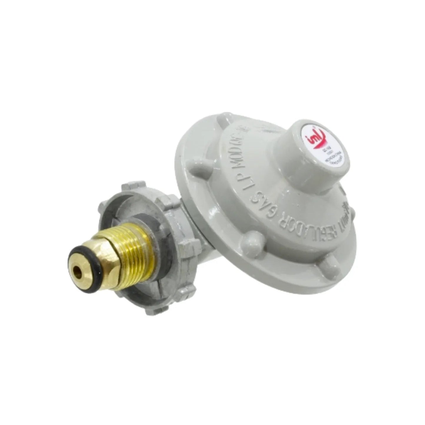 Regulador de gas LP IML QC16B, baja presión, color gris, conexión para tanque de propano.