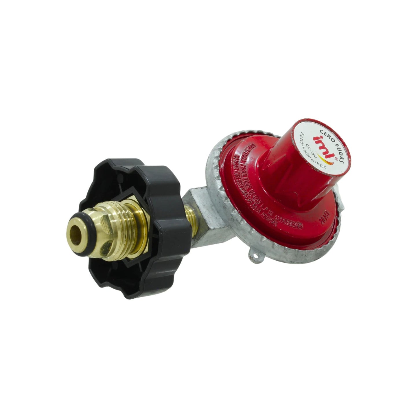Regulador de gas LP alta presión Iml rojo con maneral negro, conexión POL para tanques. Calidad CERO FUGAS.