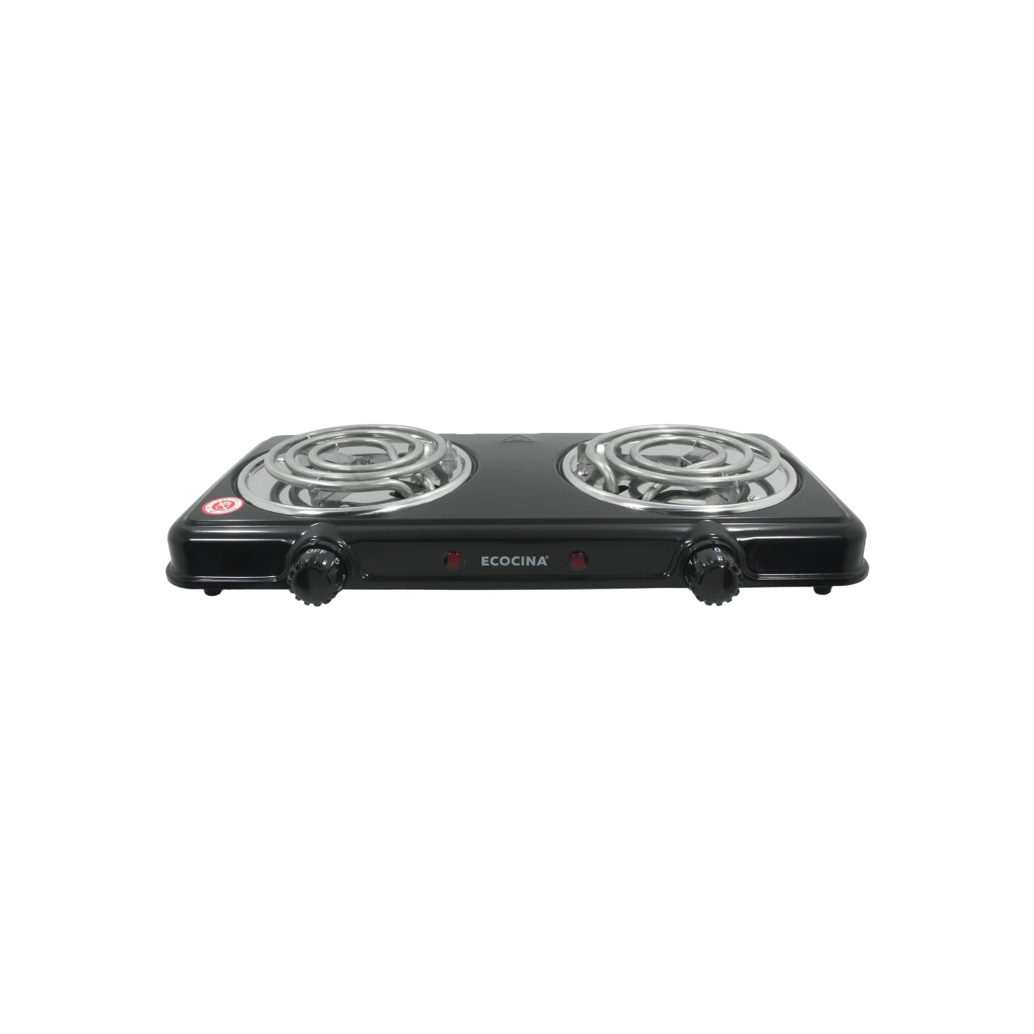 Parrilla eléctrica ECOCINA negra de 2 quemadores de espiral, con controles de temperatura para uso portátil.