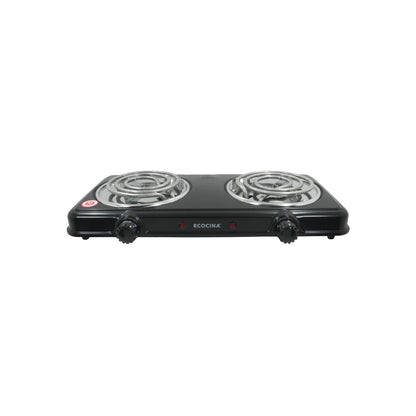 Parrilla eléctrica ECOCINA negra de 2 quemadores de espiral, con controles de temperatura para uso portátil.