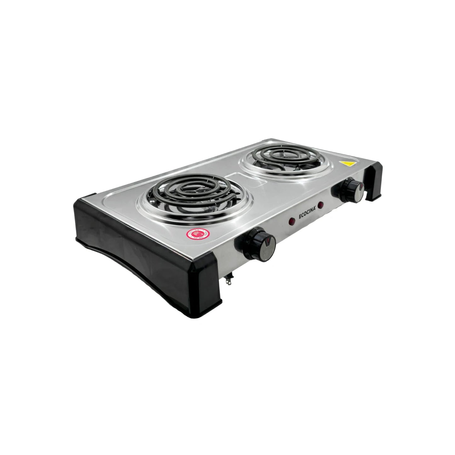 Parrilla eléctrica doble de 2 quemadores ECOCINA, acero inoxidable, perillas de control, calentador portátil.
