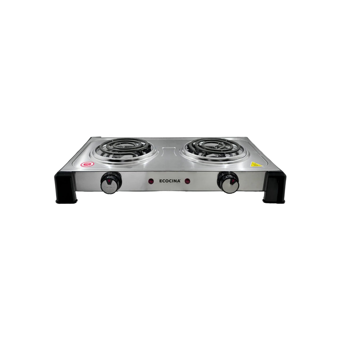 Parrilla eléctrica ECOCINA doble quemador, diseño compacto acero inoxidable, ideal para cocinas portátiles.