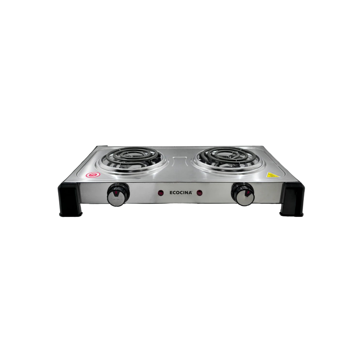 Parrilla eléctrica ECOCINA doble quemador, diseño compacto acero inoxidable, ideal para cocinas portátiles.