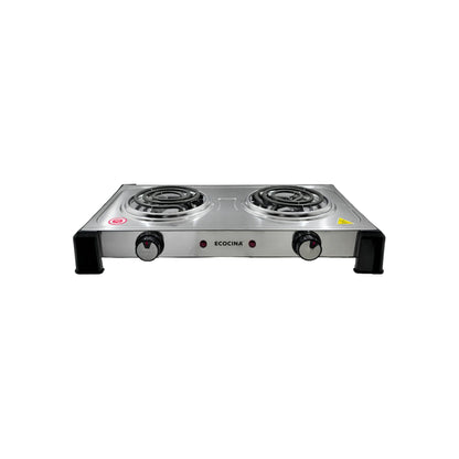 Parrilla eléctrica ECOCINA doble quemador, diseño compacto acero inoxidable, ideal para cocinas portátiles.