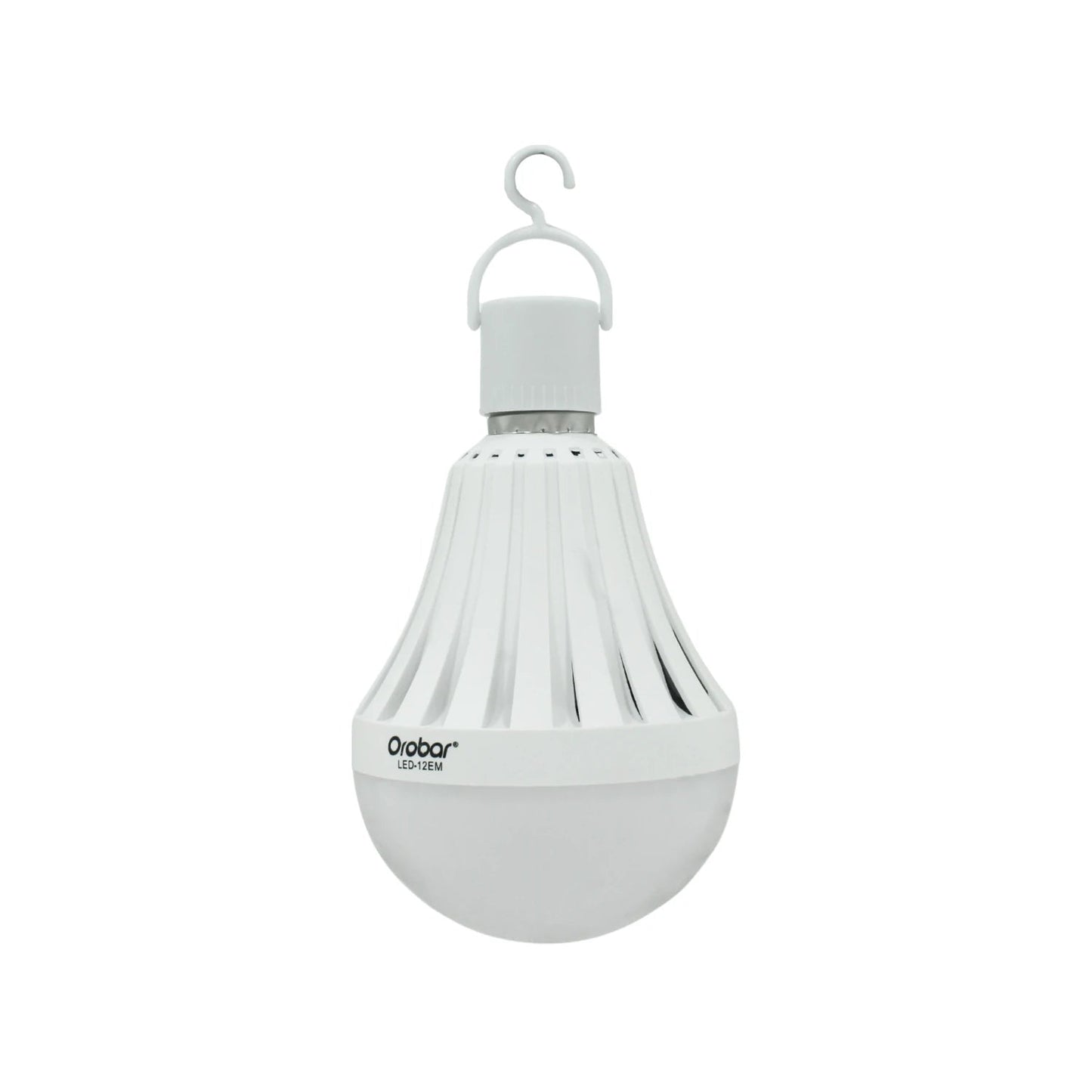 Foco LED recargable de emergencia tipo bulbo Orobar blanco con gancho, luz portátil para cortes de energía.