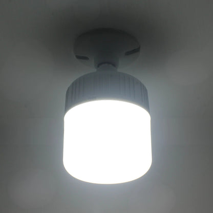 Lámpara LED recargable de emergencia tipo bulbo Orobar, luz blanca encendida en el techo.
