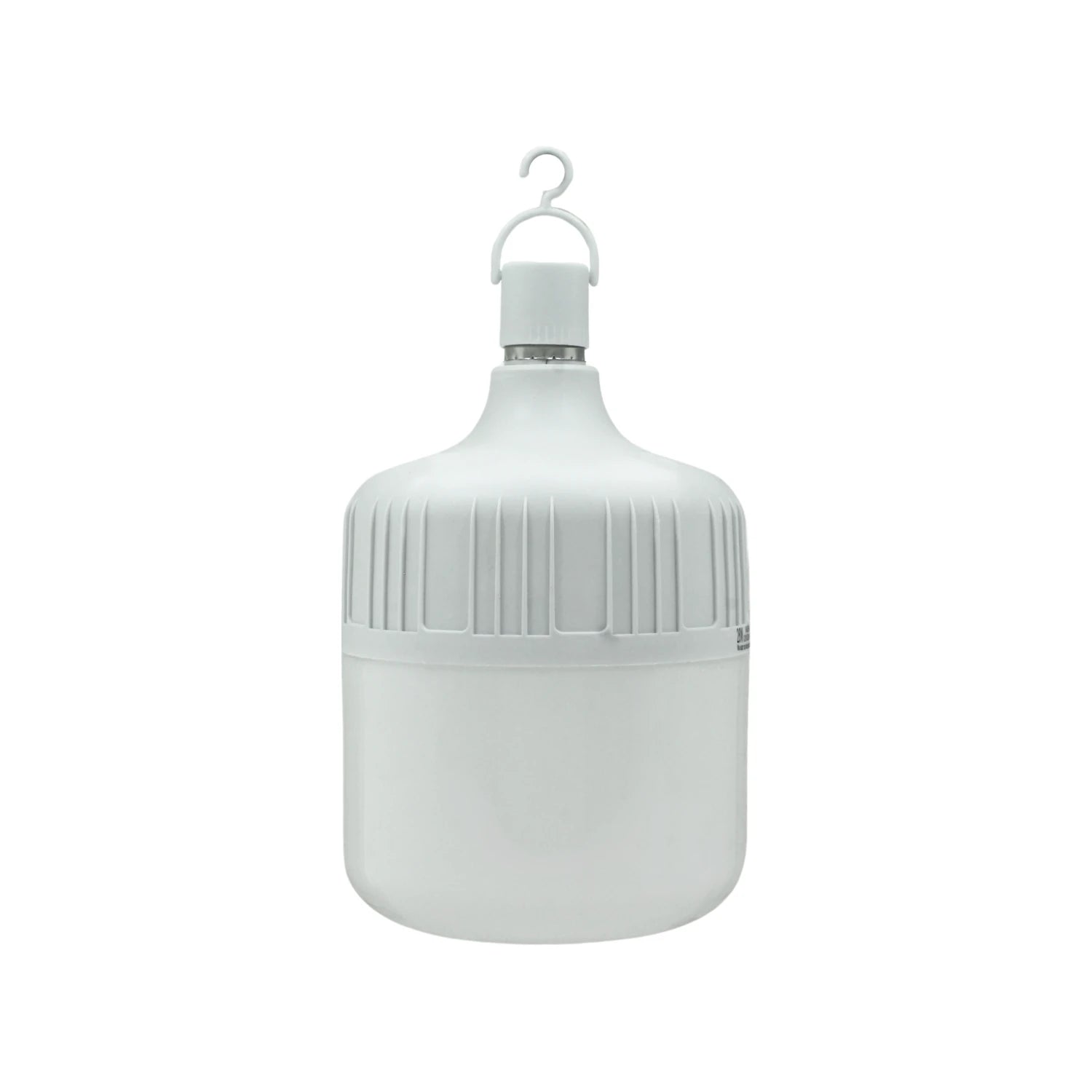Lámpara LED de emergencia recargable blanca con gancho, tipo bulbo, ideal para cortes de luz.